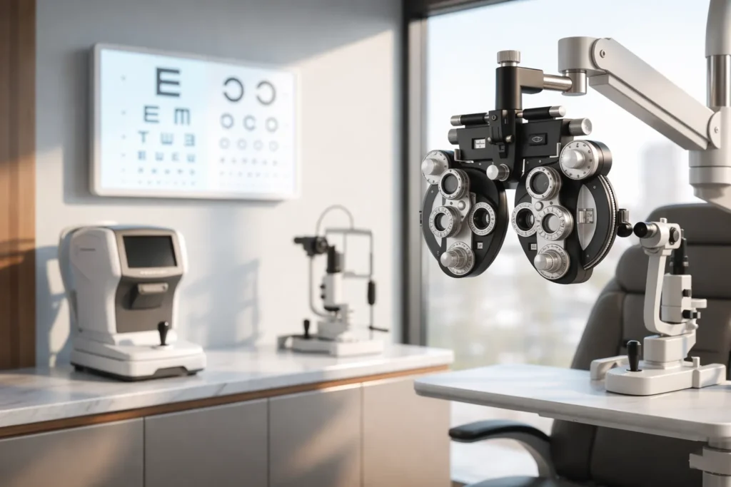 Equipos de diagnóstico optométrico en consultorio moderno con foróptero y tecnología de evaluación visual