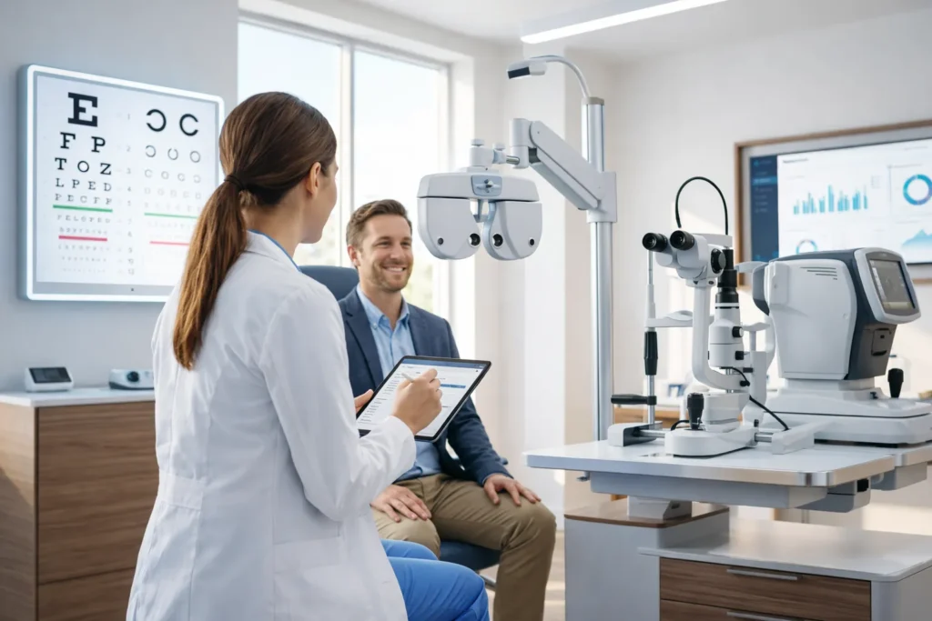 Optómetra realizando examen visual con equipos de diagnóstico modernos en consultorio optométrico