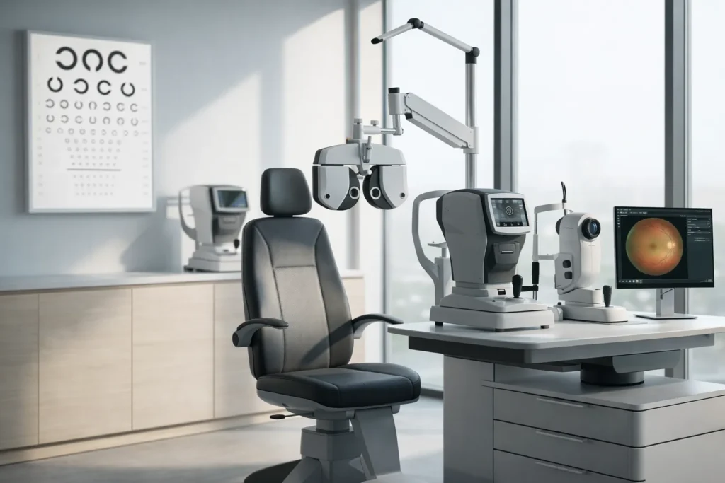 Consultorio optométrico equipado con tecnología avanzada para diagnóstico visual de alta precisión